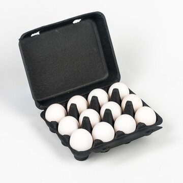 Open black vintage-style 12-egg chicken carton filled with white eggs.