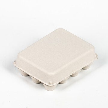 Closed grey vintage-style 12-egg chicken carton, back view.