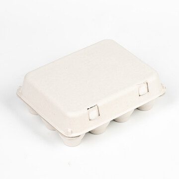 Closed grey vintage-style 12-egg chicken carton, front view.