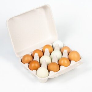 Open grey vintage-style 12-egg chicken carton filled with eggs.