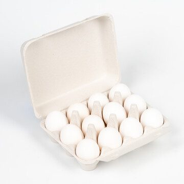 Open grey vintage-style 12-egg chicken carton filled with white eggs.