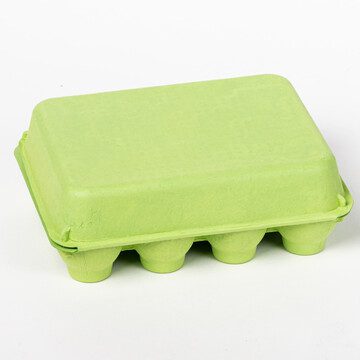 Closed lime green vintage-style 12-egg chicken carton, back view.
