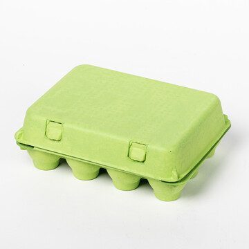 Closed lime green vintage-style 12-egg chicken carton, front view.