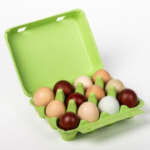 Open lime green vintage-style 12-egg chicken carton filled with eggs.