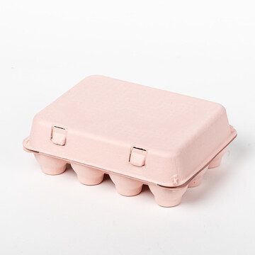 Closed soft pink vintage-style 12-egg chicken carton, front view.