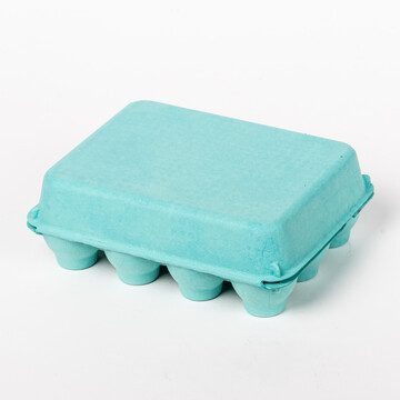 Closed turquoise vintage-style 12-egg chicken carton, back view.