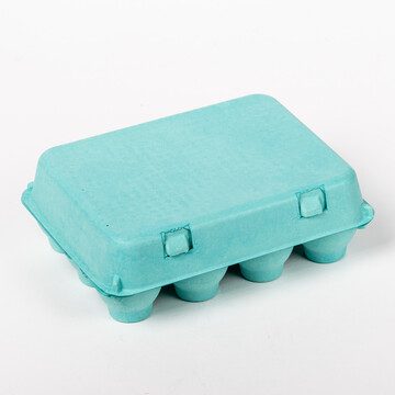 Closed turquoise vintage-style 12-egg chicken carton, front view.
