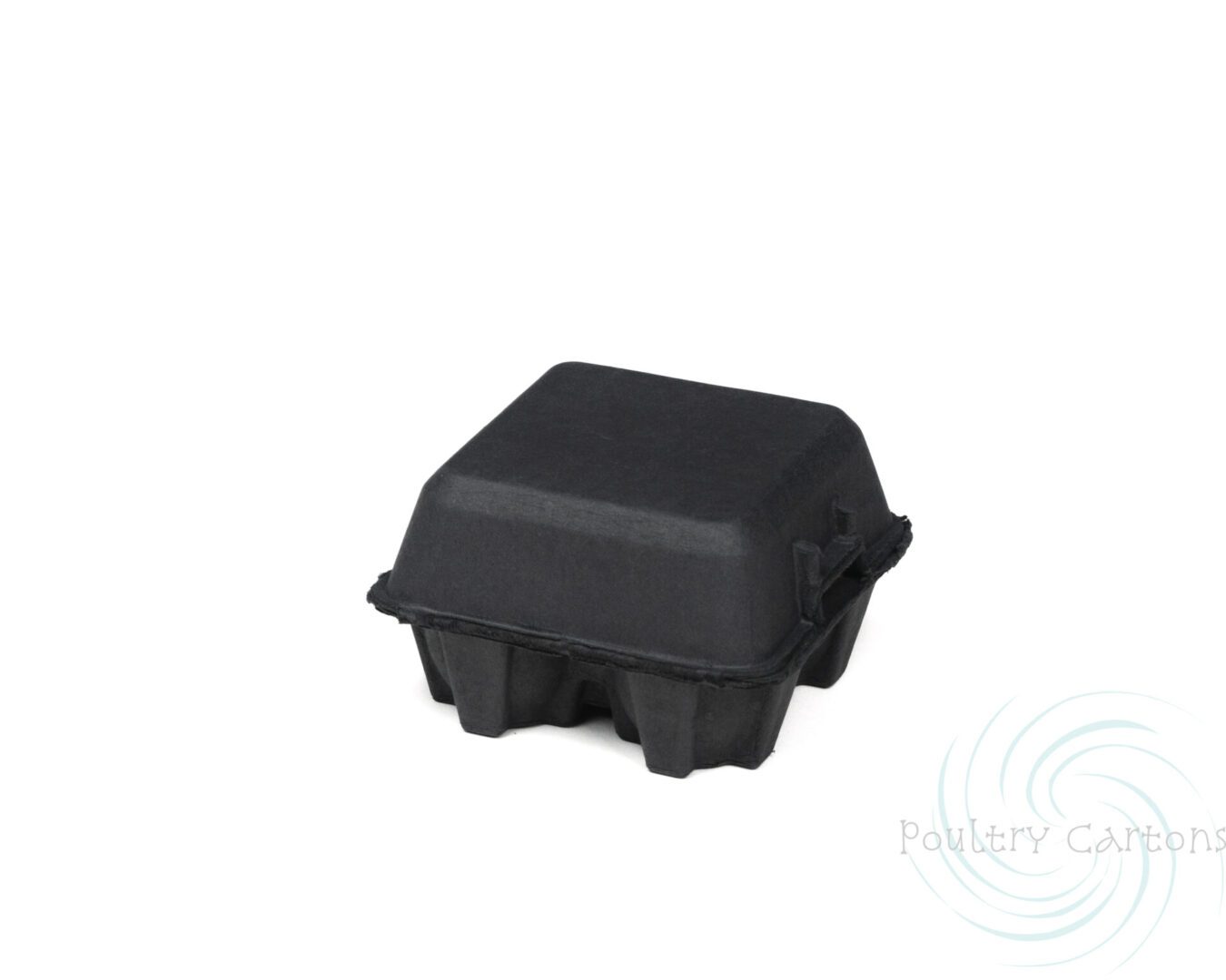 Closed black paper pulp chicken egg carton on a white background.