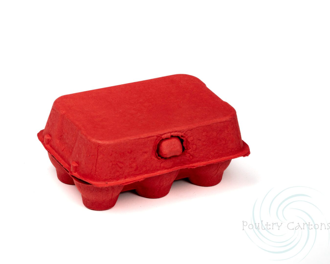 Poppy Red Paper Pulp Chicken Egg Cartons (6 eggs) closed and isolated on a white background.