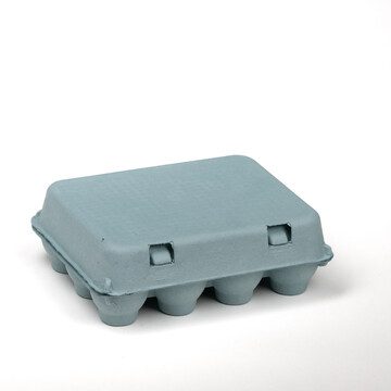 Closed Blue Mist vintage-style 12-egg chicken carton from the front