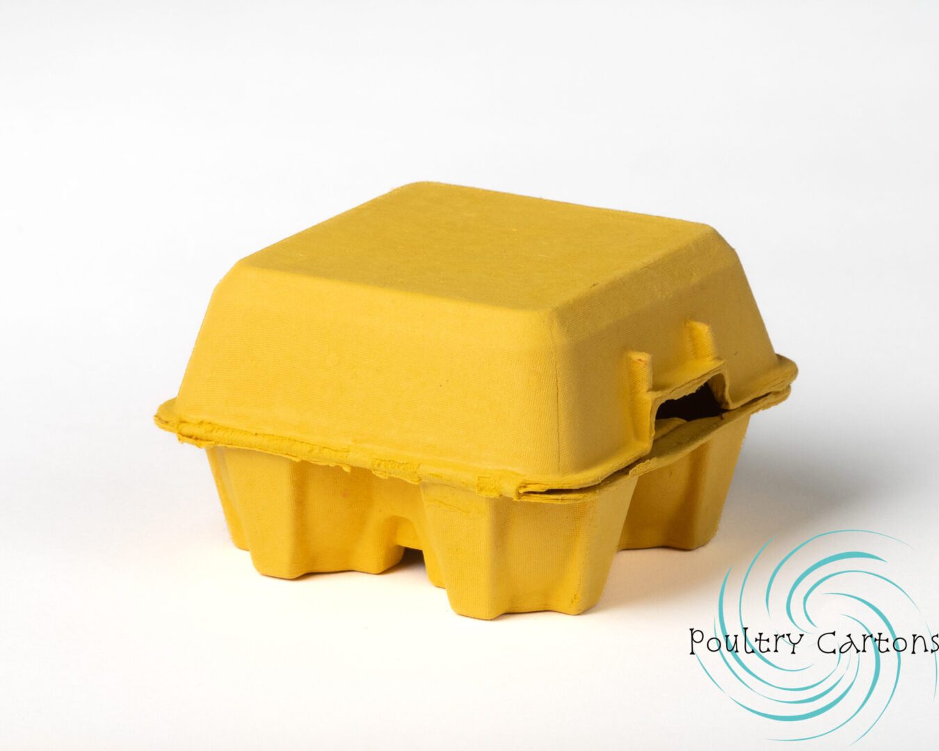 A closed Sunny Side Up Yellow Paper Pulp Chicken Egg Cartons (4 eggs) on a white background with a "poultry cartons" watermark.