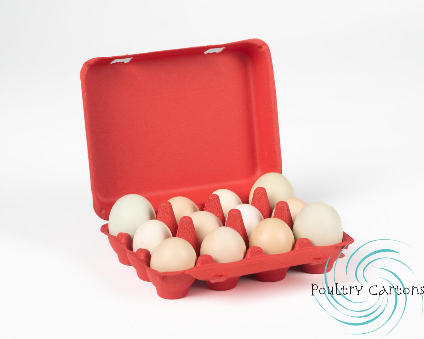 An open Poppy Red Bantam Square Paper Pulp Chicken Egg carton with various colored eggs on a white background.