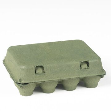 Closed Kelsey green vintage-style 12-egg chicken carton, front view.