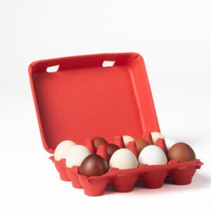 Open red vintage-style 12-egg chicken carton filled with eggs.