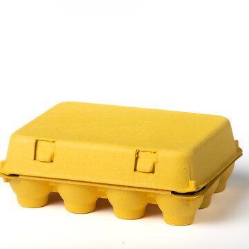 Closed yellow vintage-style 12-egg chicken carton, front view.