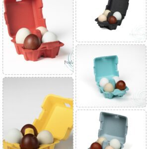 Collage of colorful egg cartons with eggs.