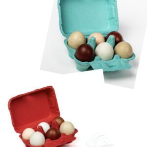 Six colorful eggs in a cardboard carton.