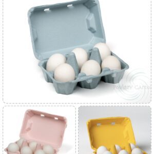 Six white eggs in a blue carton.