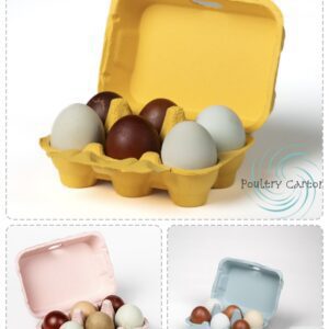 Colored eggs in open cardboard cartons.