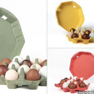Colorful eggs in various carton trays.