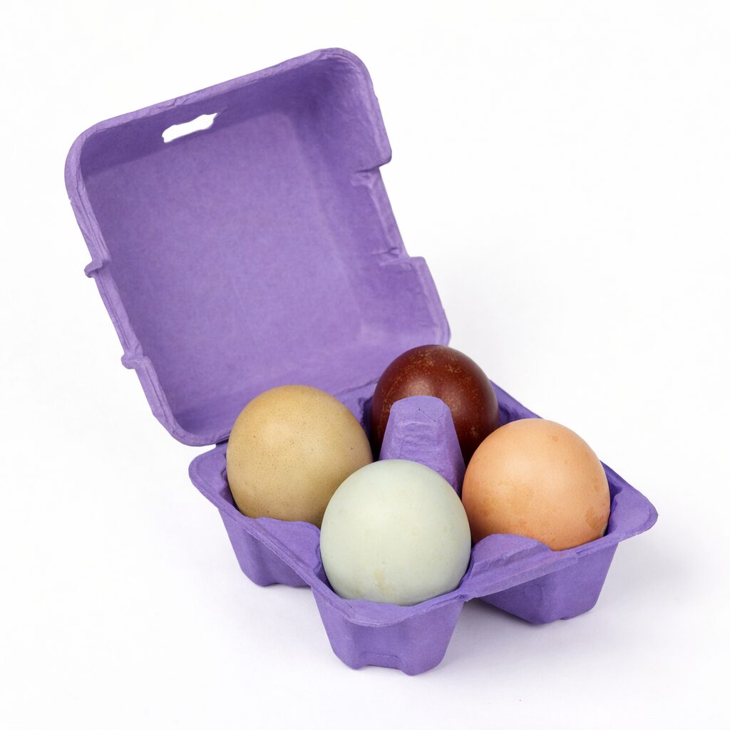 purple 4 egg cartons with eggs inside