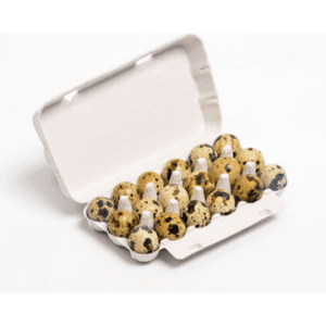 Closed grey 18-egg Jumbo Quail egg carton, open with eggs.