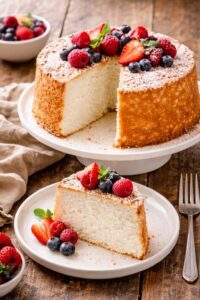 Light and fluffy angel food cake topped with fresh berries