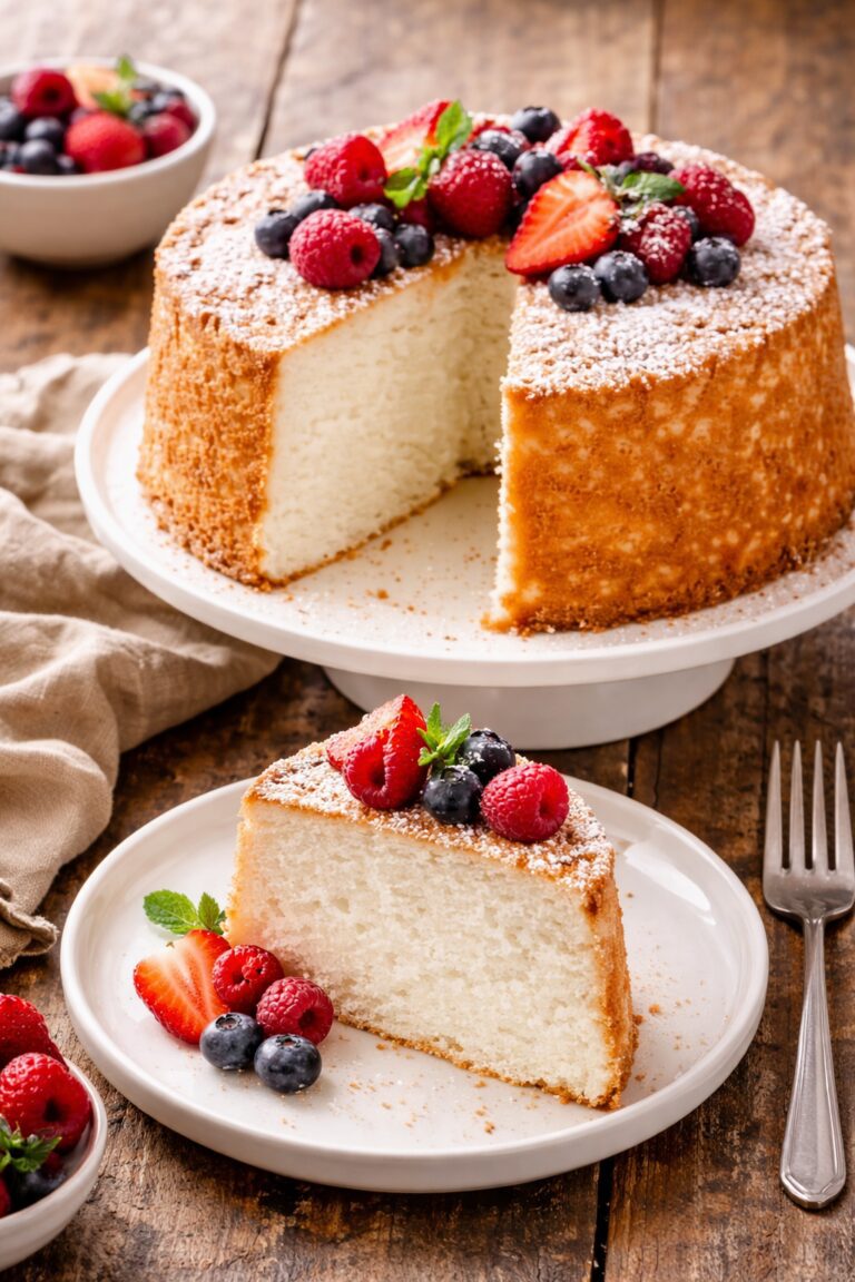 Light and fluffy angel food cake topped with fresh berries