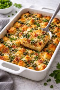 Breakfast strata made with eggs, bread, cheese, and spinach baked in a dish