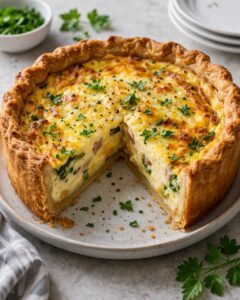 Deep dish quiche with eggs, bacon, spinach, and cheese in a flaky crust