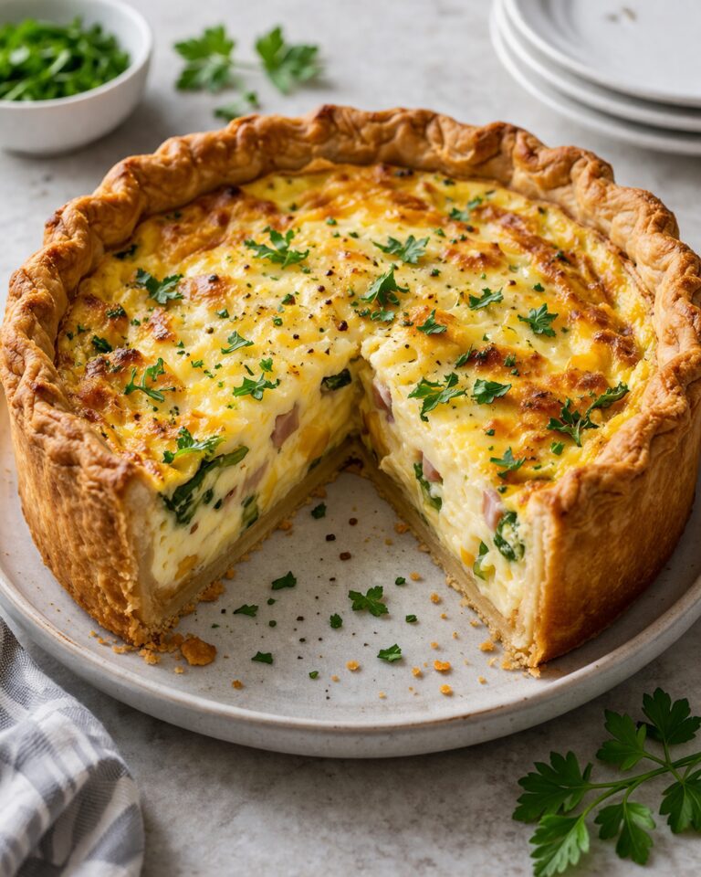 Deep dish quiche with eggs, bacon, spinach, and cheese in a flaky crust