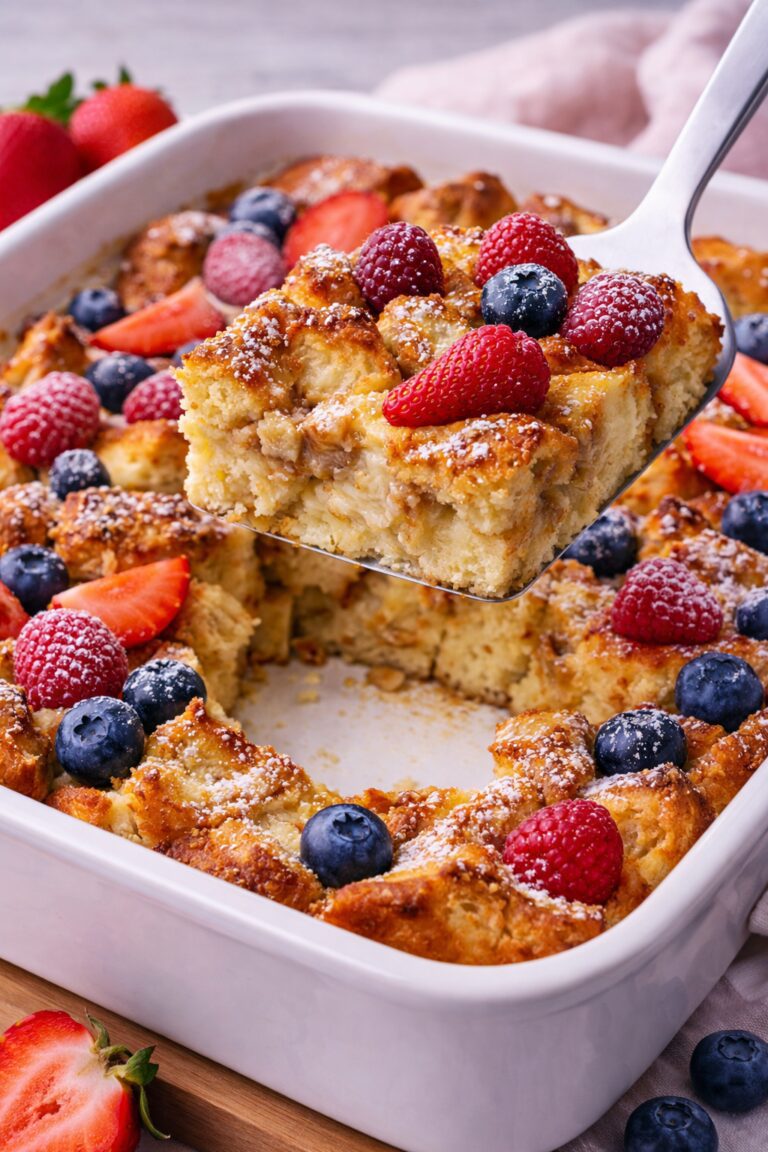 French toast bake with berries and powdered sugar in a casserole dish with a slice removed