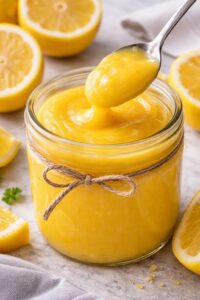 Homemade lemon curd in a jar with a spoon showing its smooth, creamy texture
