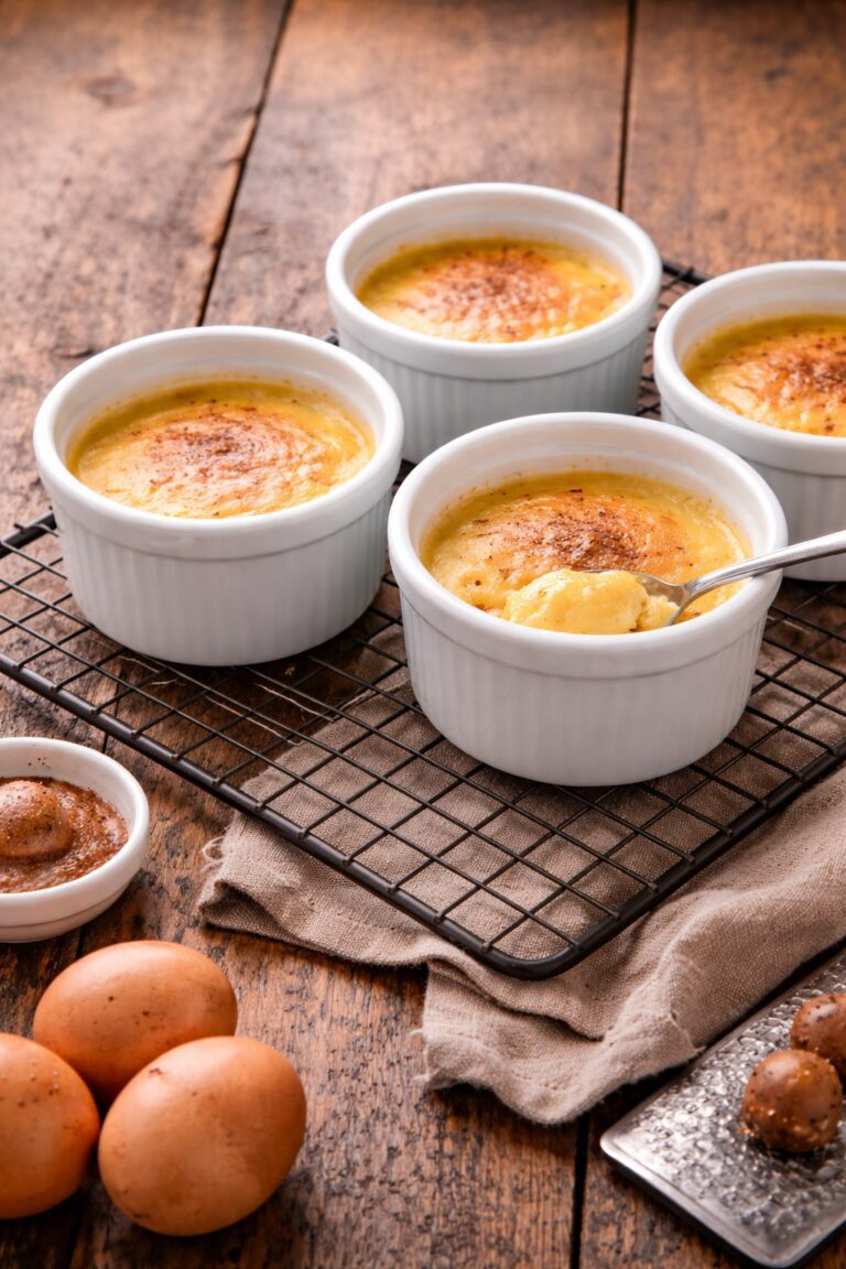 Old fashioned baked egg custard in ramekins made with farm fresh eggs