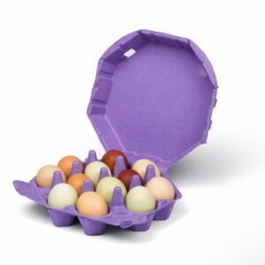 purple octagon egg cartons with eggs inside