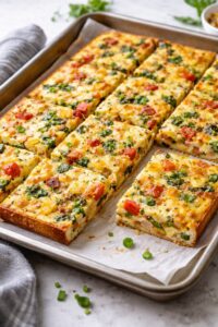Sheet pan egg bake sliced into squares and made with 10 eggs