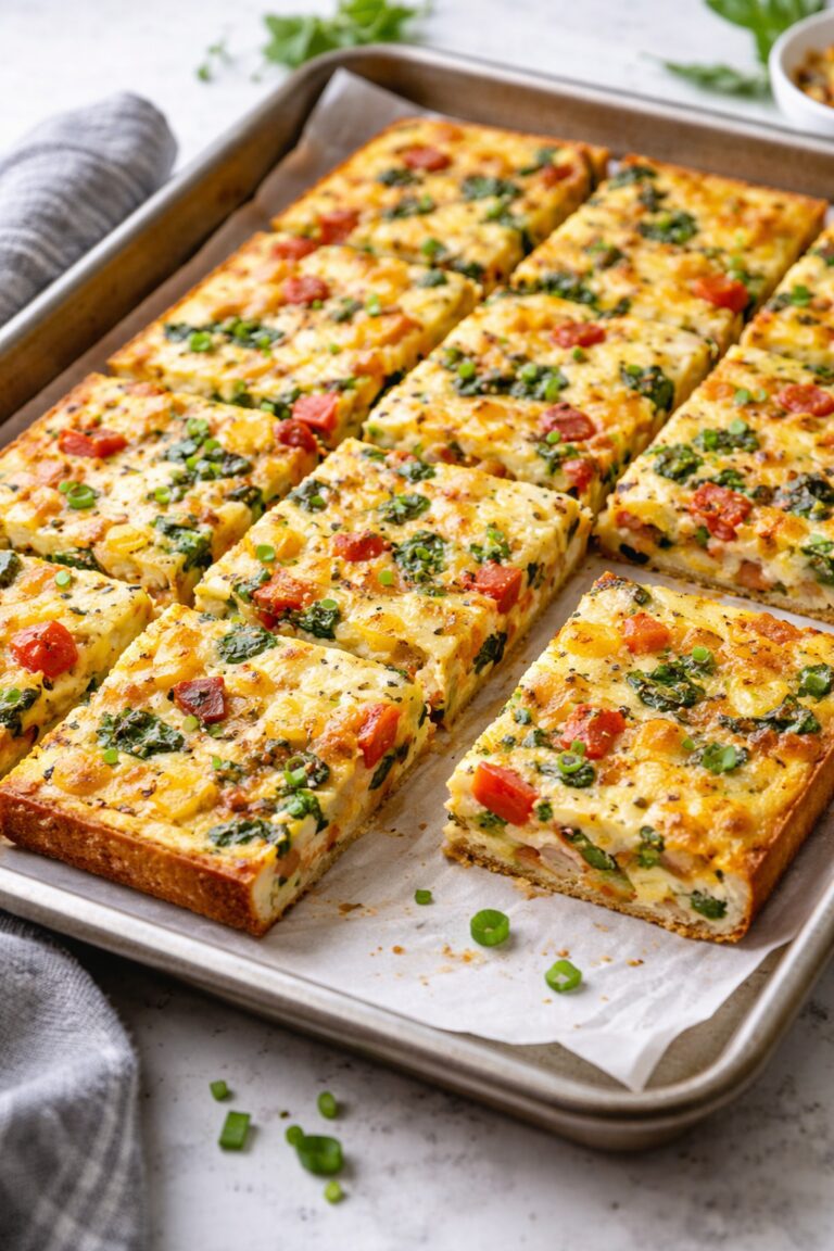 Sheet pan egg bake sliced into squares and made with 10 eggs