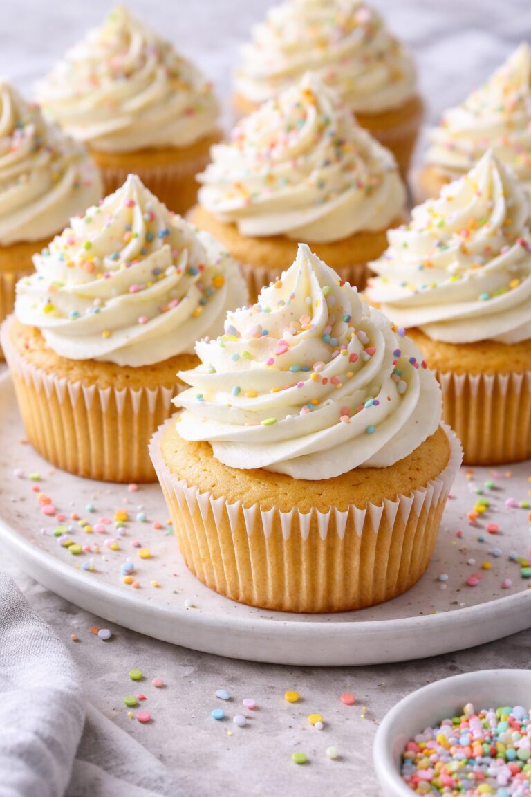 Vanilla cupcakes with buttercream frosting and colorful sprinkles
